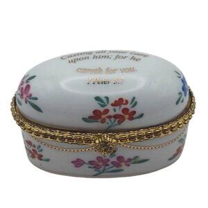 Imperial Porcelain Floral Hinged Oval Trinket Box w/ 1 Peter 5:7 Bible Verse